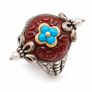 Barbara Bixby 18K Gold 925 Silver Carnelian Turquoise Pearl Cocktail Ring Size 9
